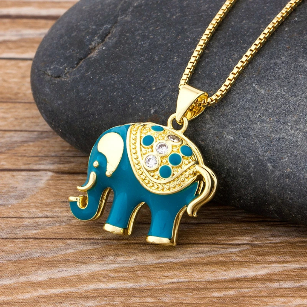Collier Éléphant Bleu or