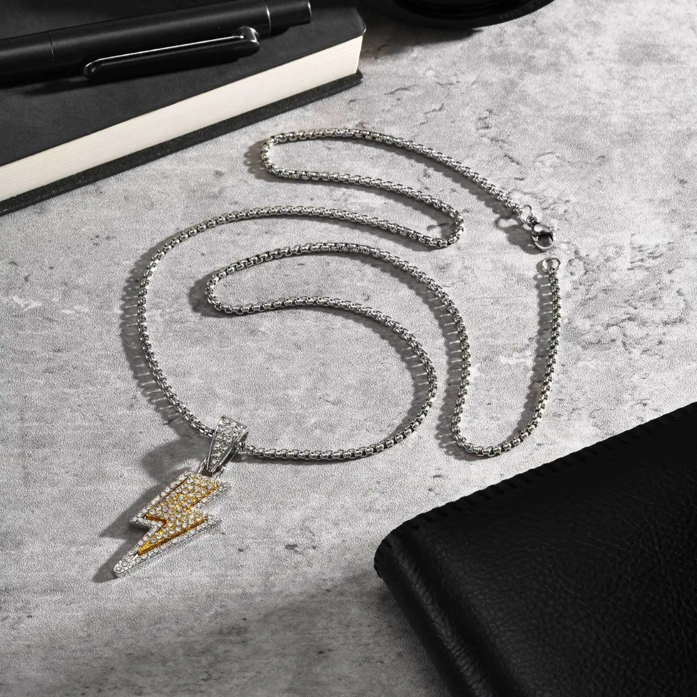 Collier Éclair Strass Homme argent