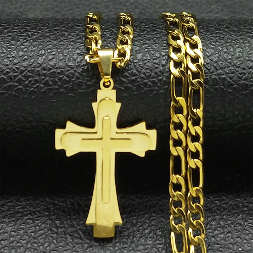 Collier Chaine et Grosse Croix doré