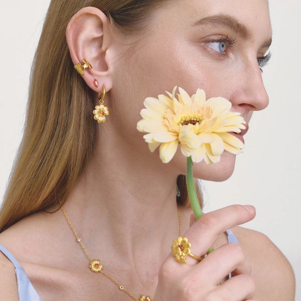 Boucles d'Oreilles Fleur Zircon Orange doré