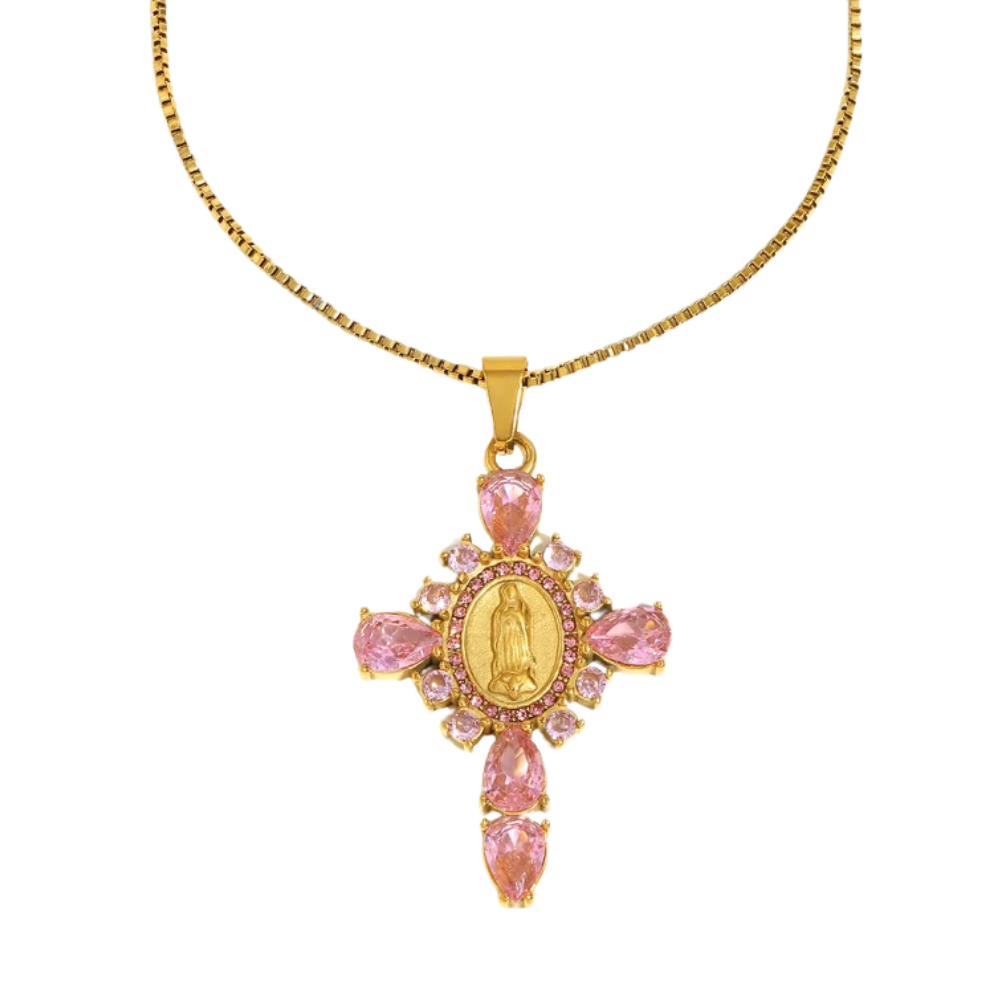 Collier Croix Pierres Roses