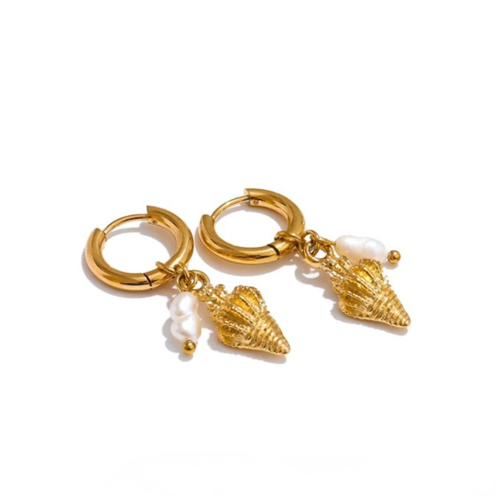 Boucles d'Oreilles Créoles Coquillage et Perle doré