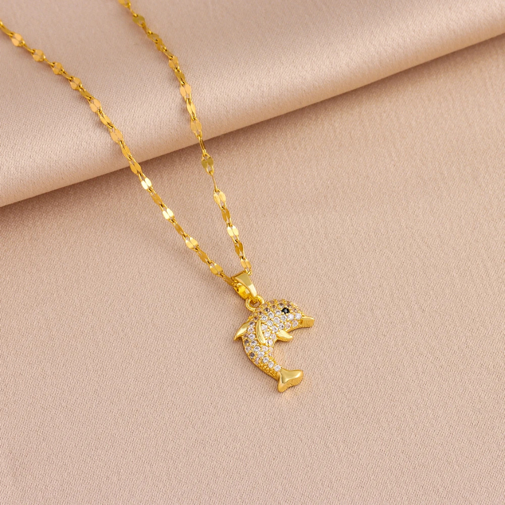 Collier Dauphin Strass doré