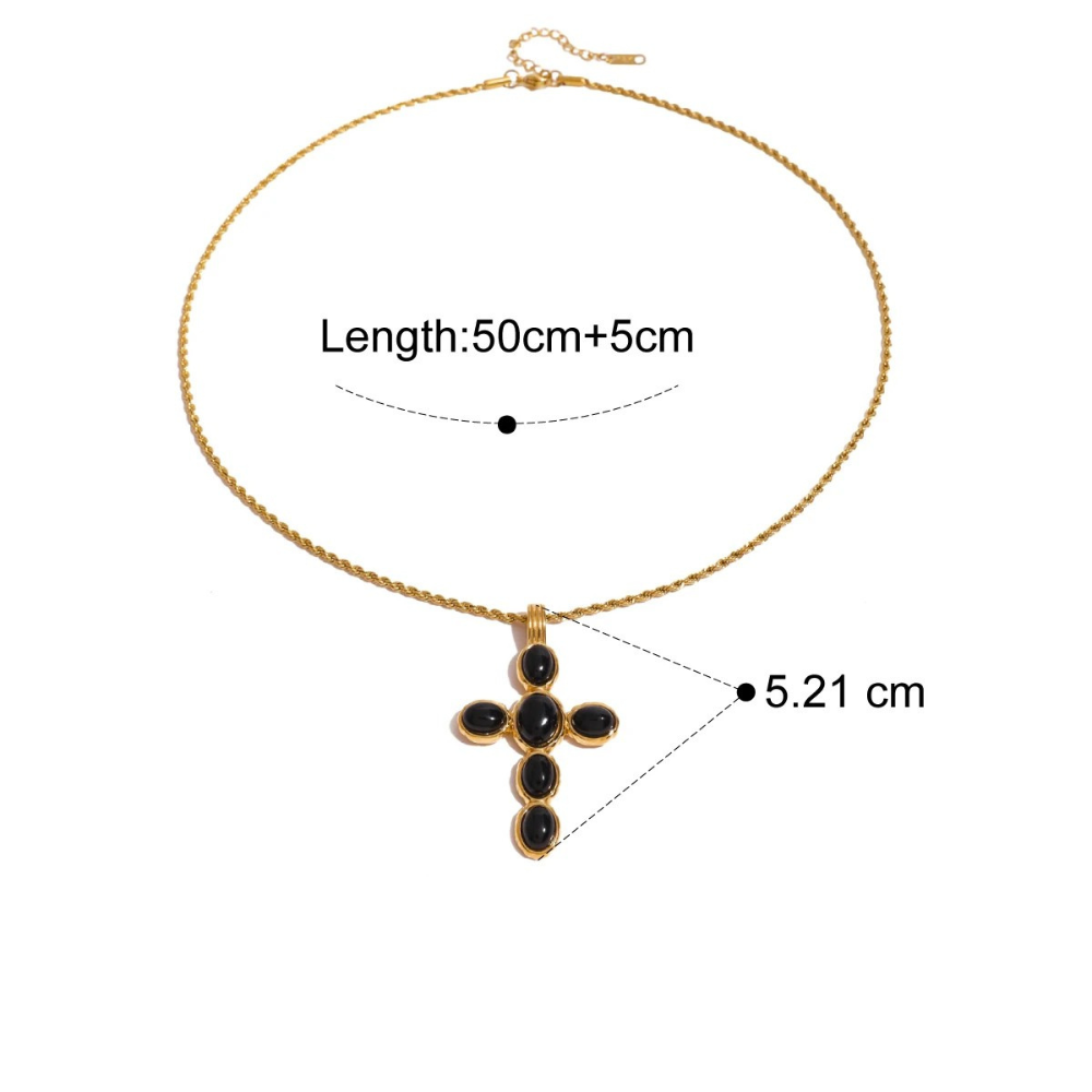 Collier Croix Perles Noires doré