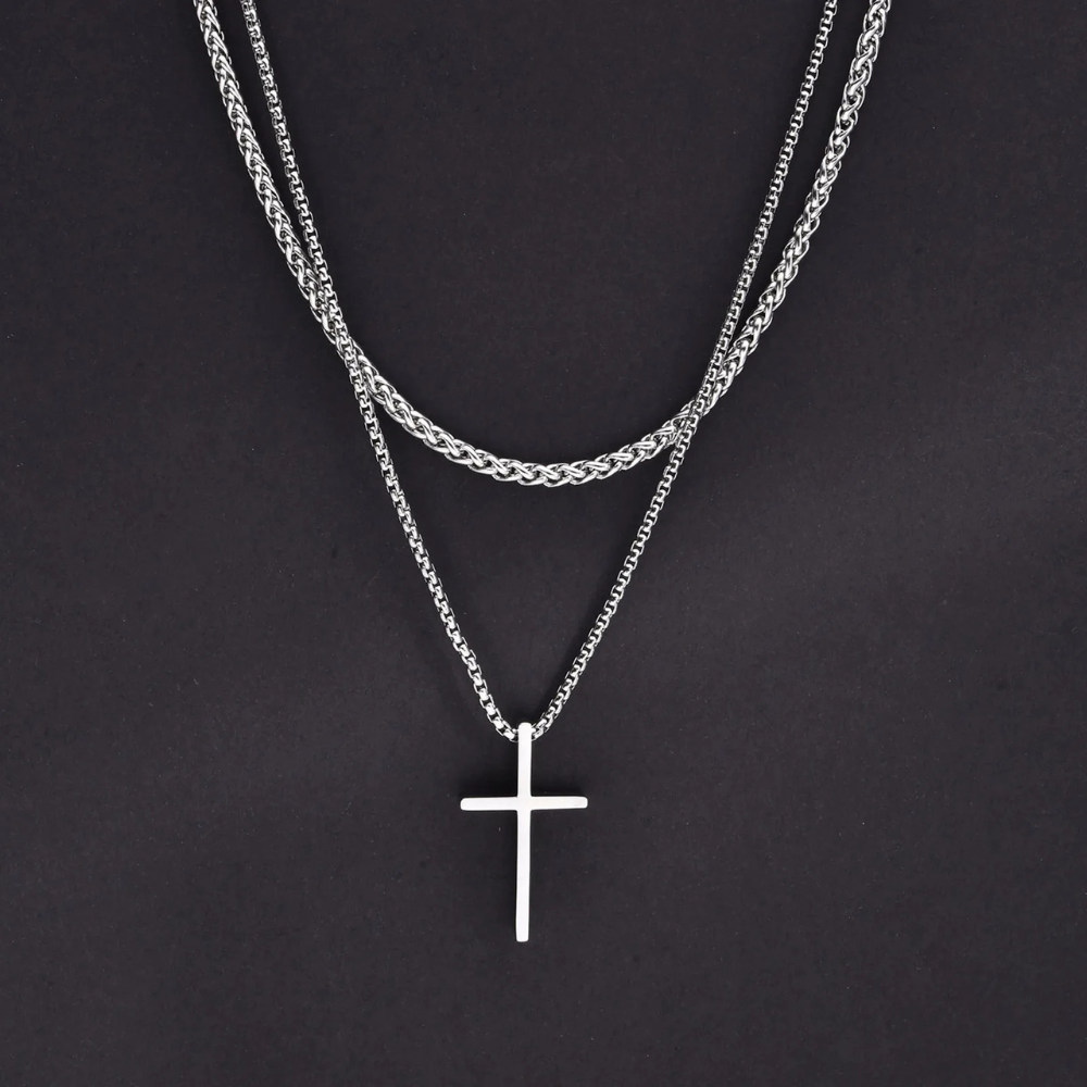 Double Collier Croix Homme acier
