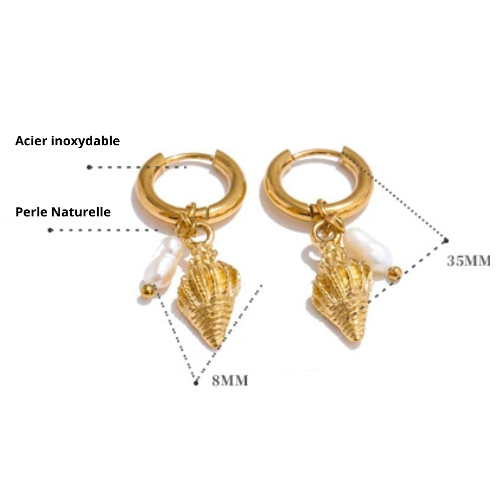 Boucles d'Oreilles Créoles Coquillage et Perle or
