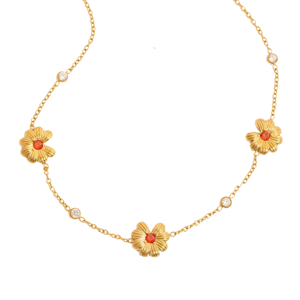 Collier Fleur Dorées Zircons Rouges