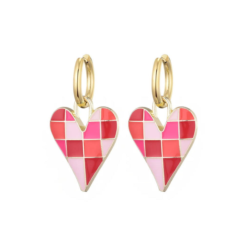 Boucles d'Oreilles Coeur Carreaux rose