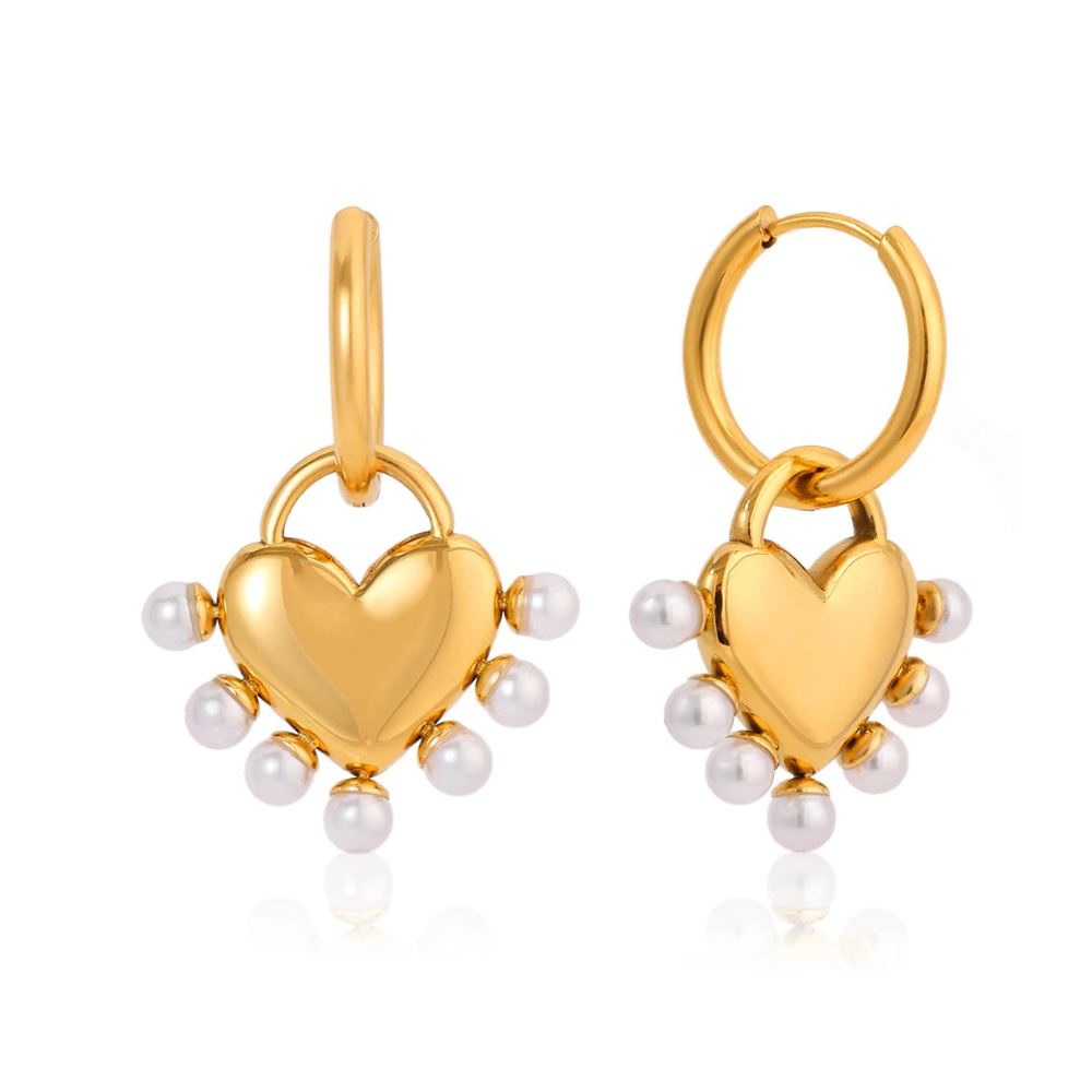 Boucles d'Oreilles Coeur et Perles Blanches