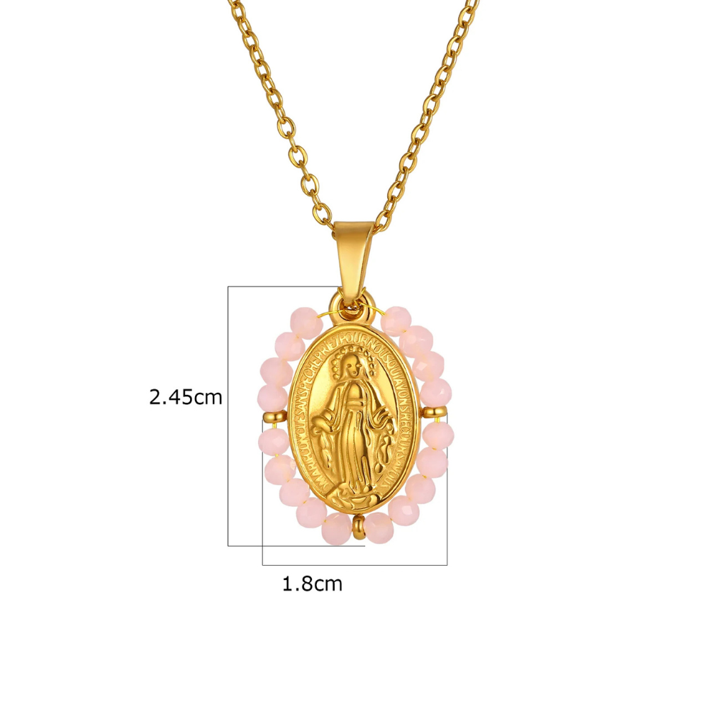 Collier Vierge Marie Perles rose