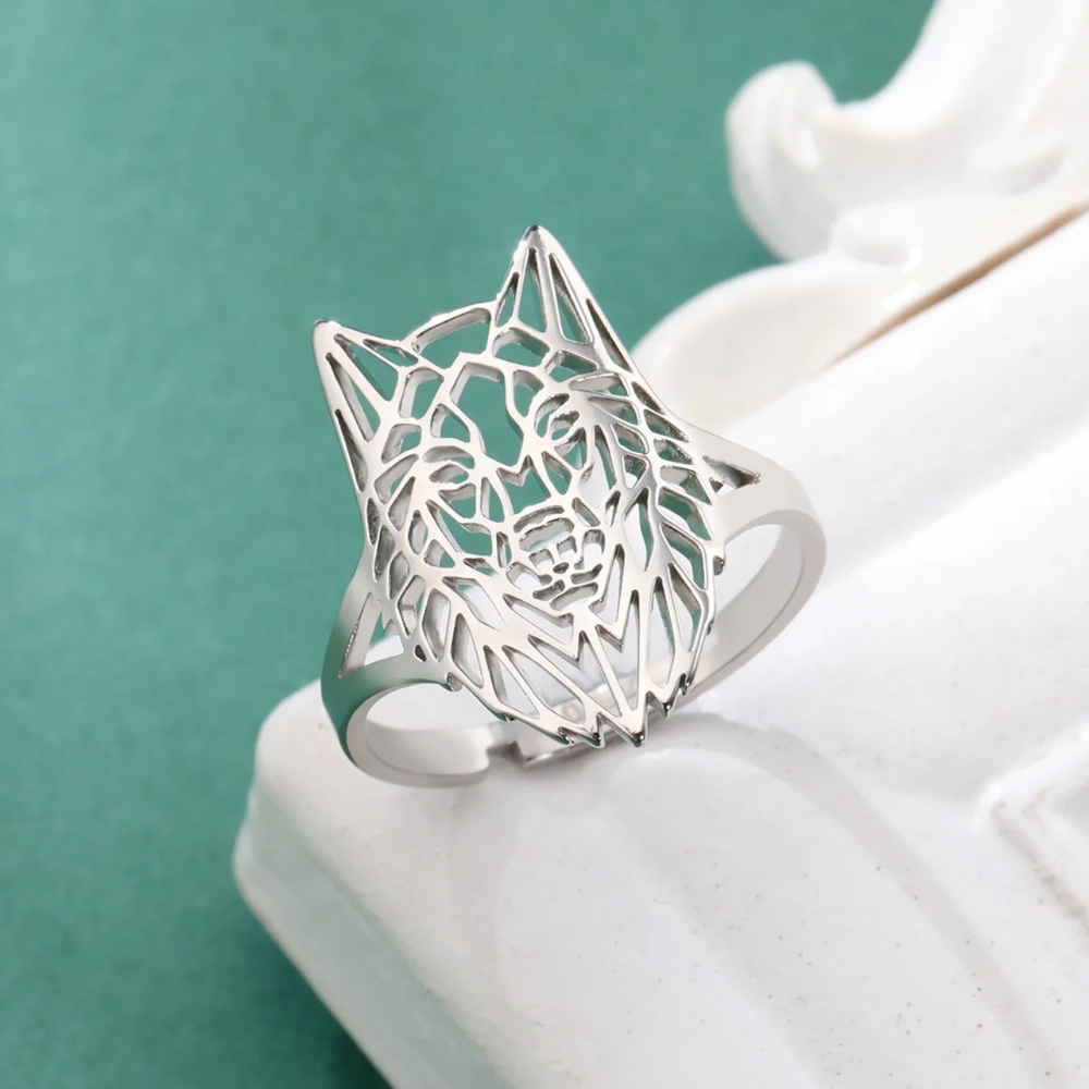Bague Loup Origami acier argenté