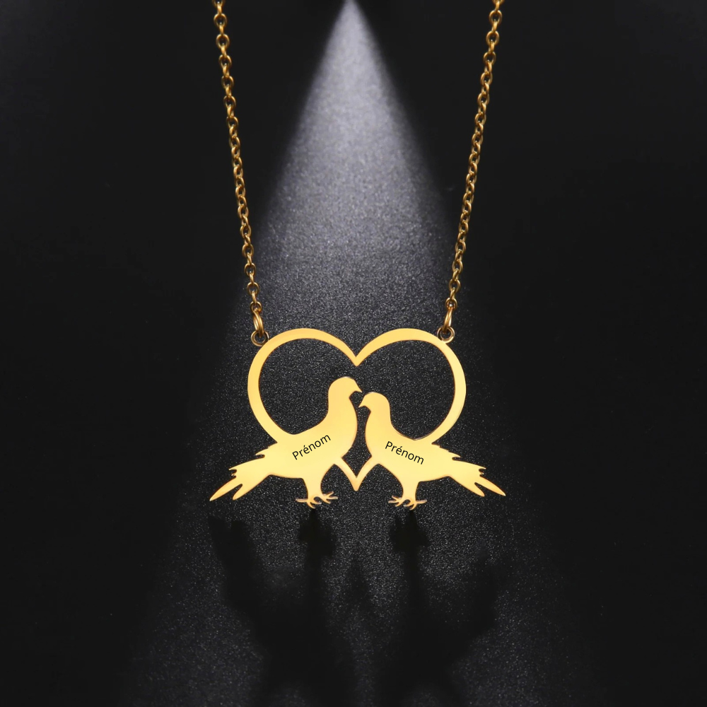 Collier Cœur Tourterelles prénom