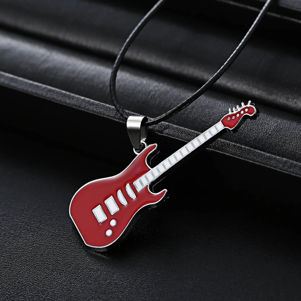 Collier Guitare rouge et cuir