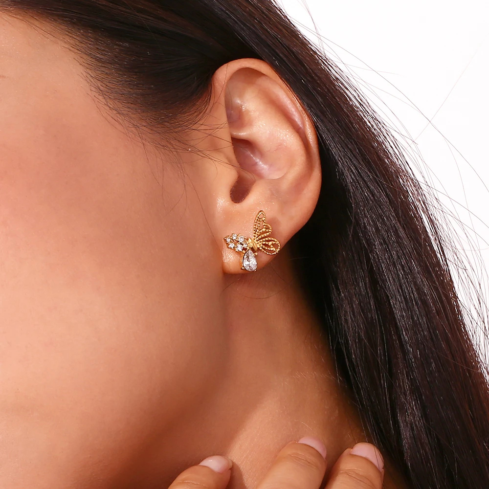 Boucles d'Oreille Papillon Strass or