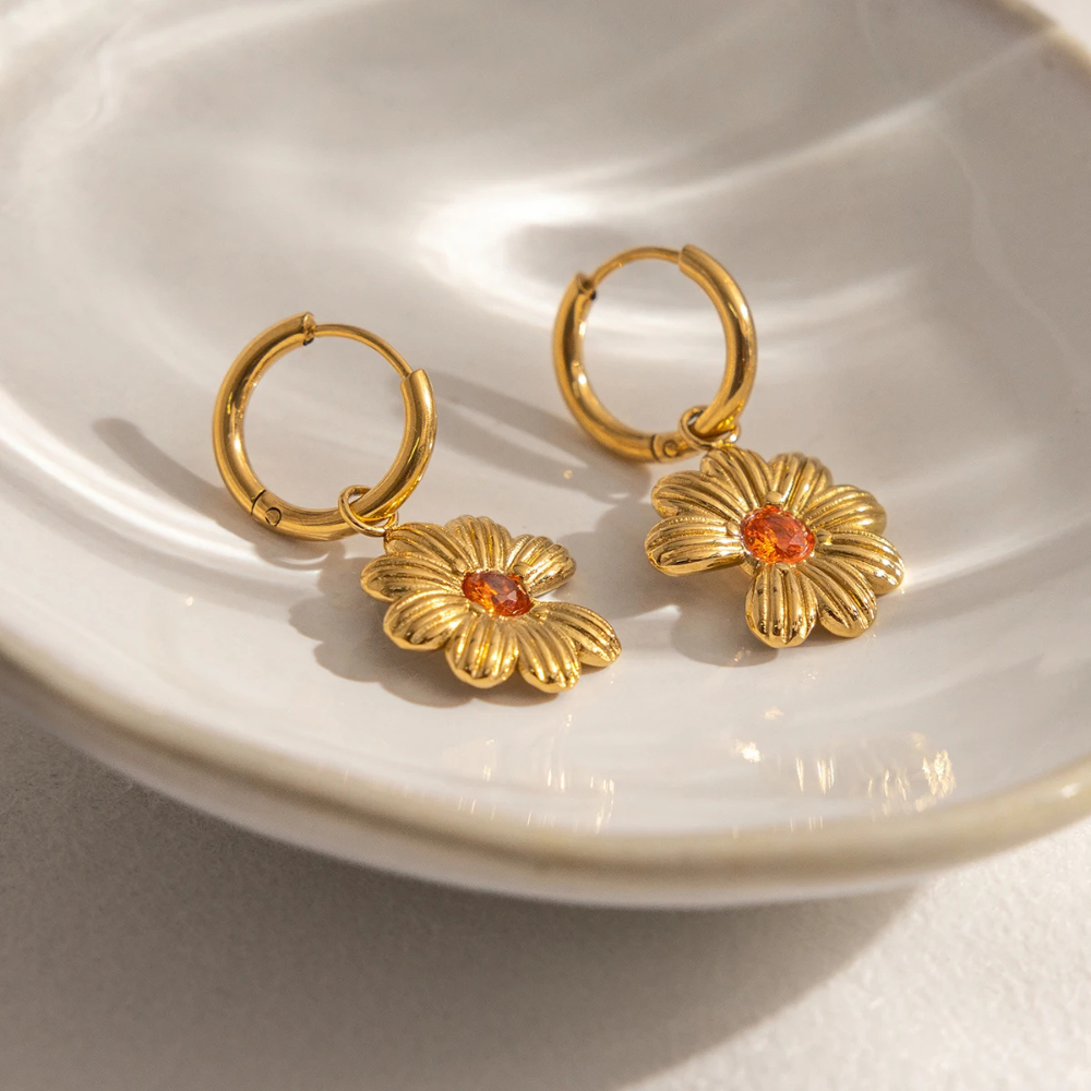 Boucles d'Oreilles Fleur Zircon Orange creoles