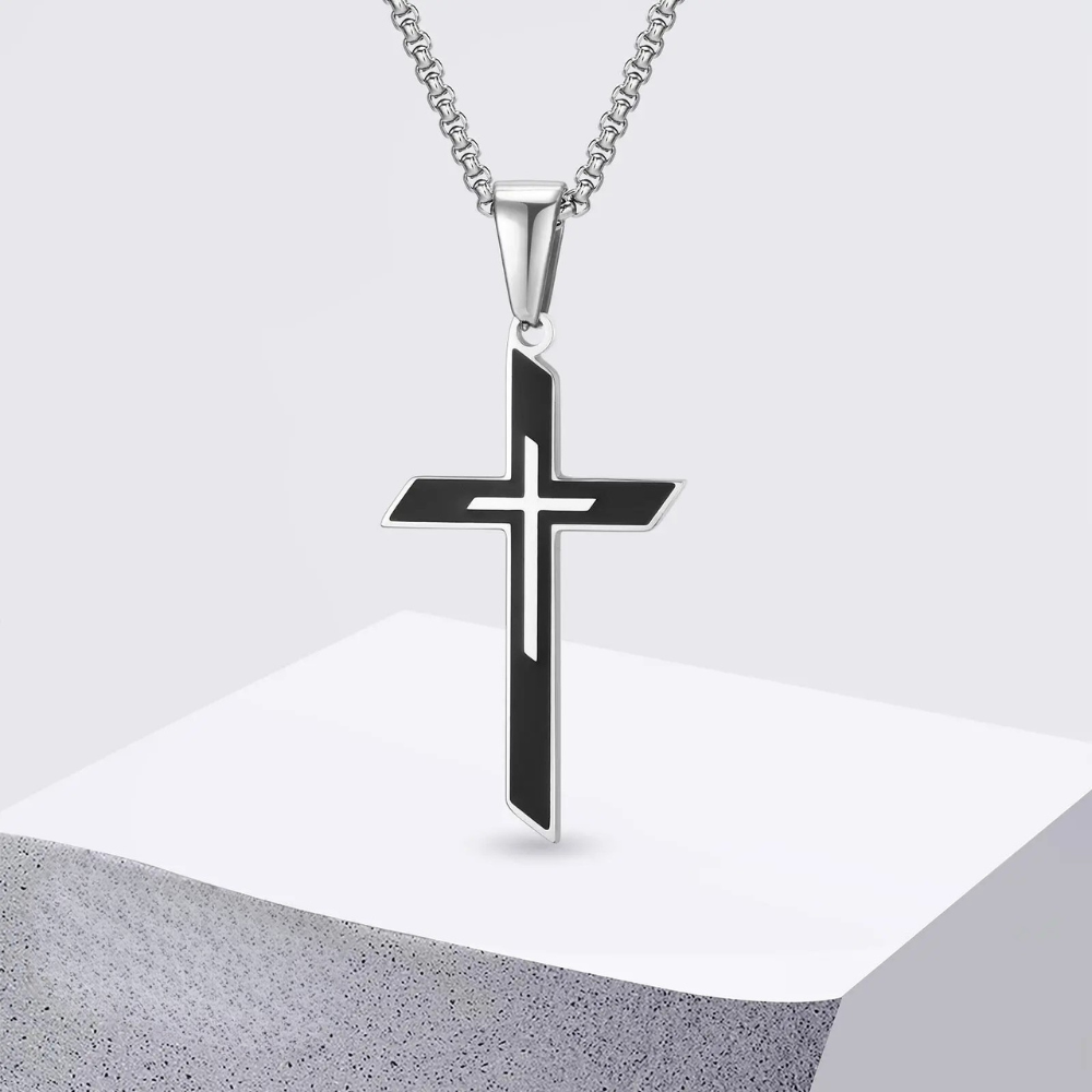 Collier Croix Argent et Noire Homme double