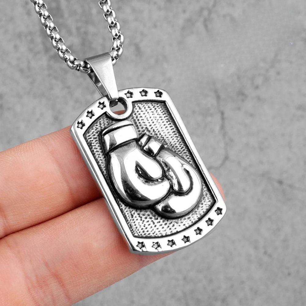 Collier Plaque Gants de Boxe argent homme