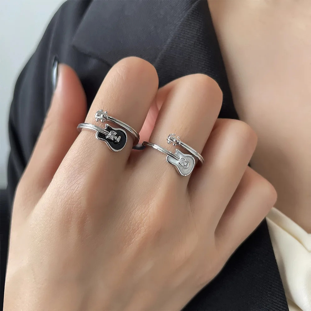 Bague Réglable En Acier Titane - Motif Guitare Rock - Style Vintage Et Gothique - Pour Lui Et Elle - Taille 7 à 12