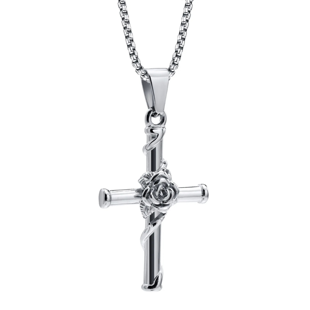 Collier Pendentif Croix et Rose Homme