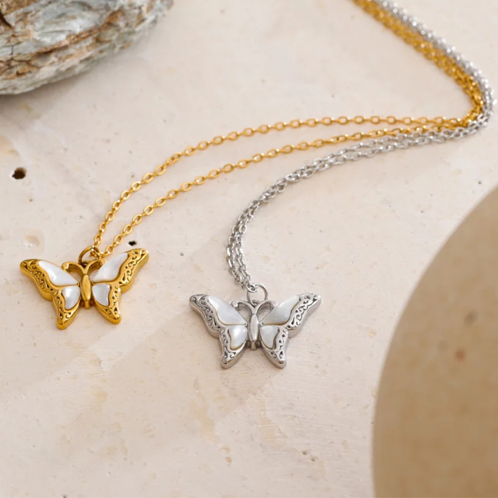 Collier Papillon et Nacre Blanc acier
