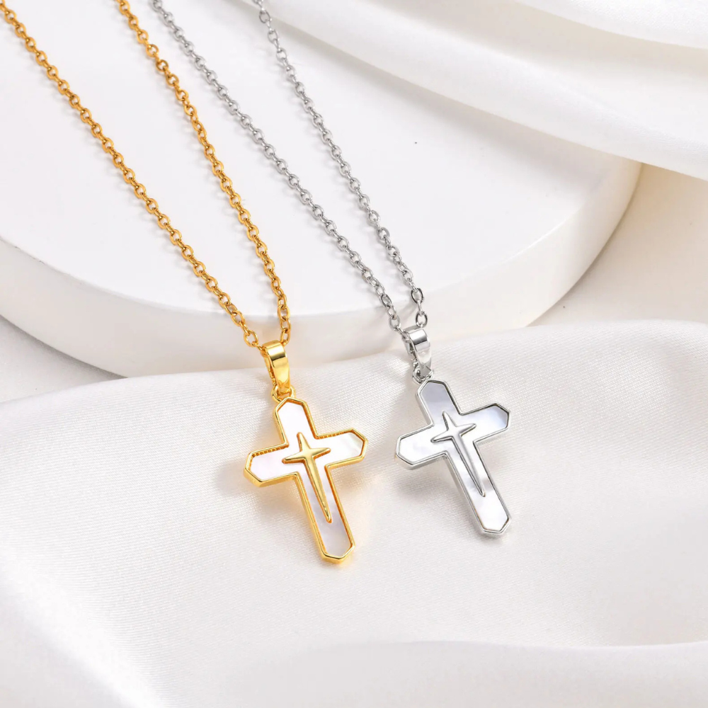 Collier Croix Nacre Femme acier inox