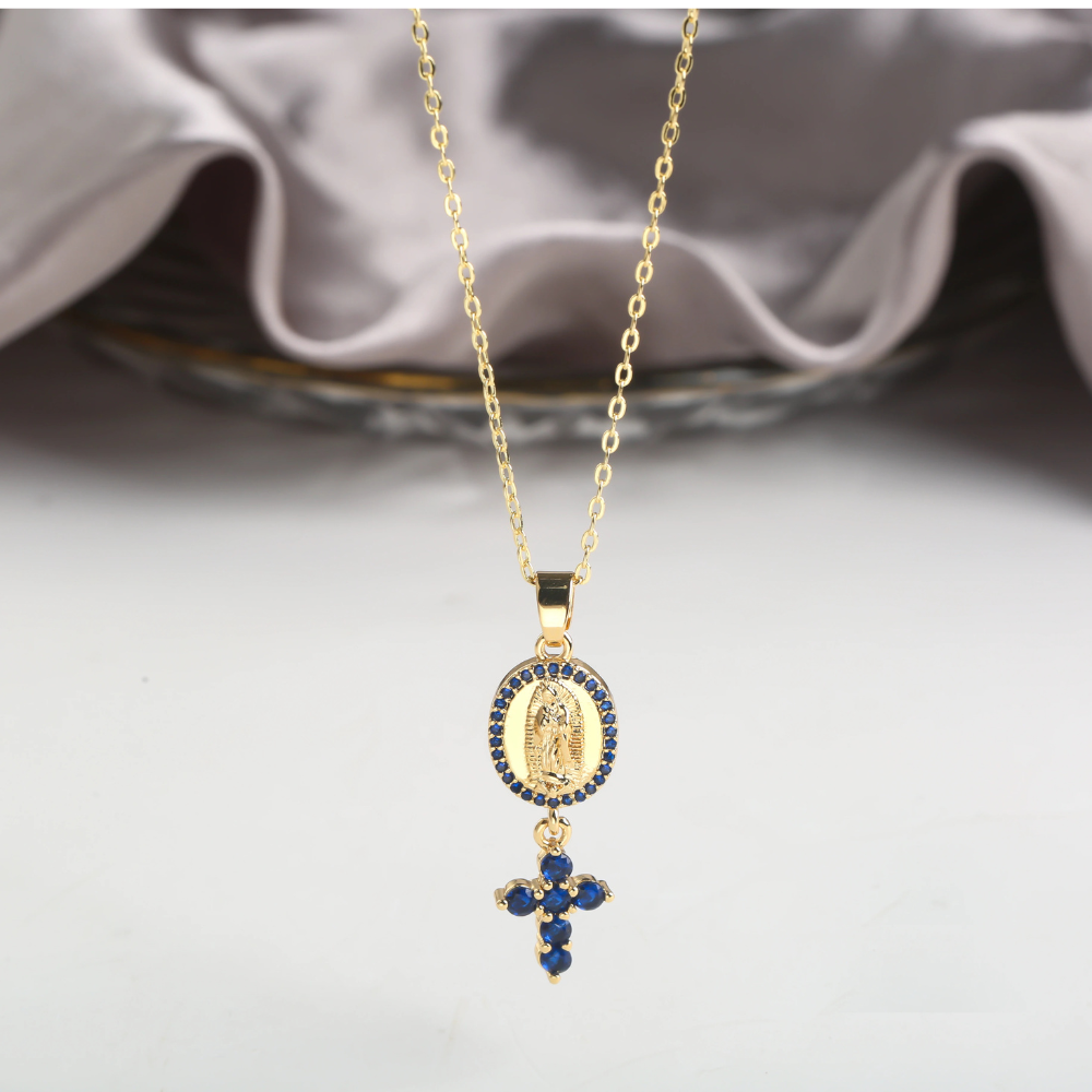 Collier Médaille Vierge et Croix Strass bleu