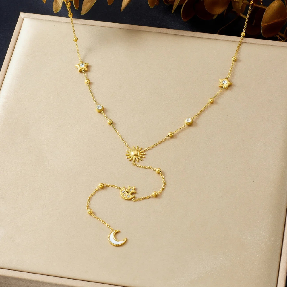 Collier en Y Lune Strass doré