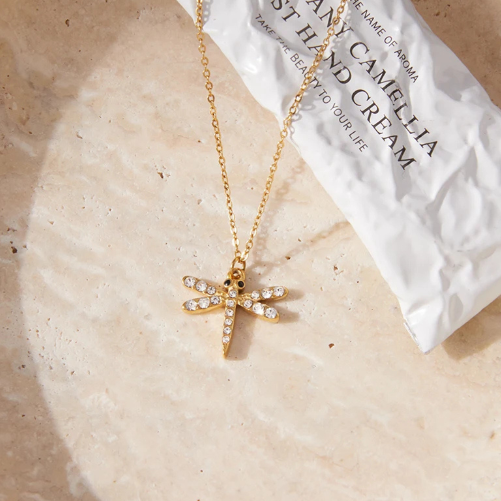 Collier Libellule Strass doré