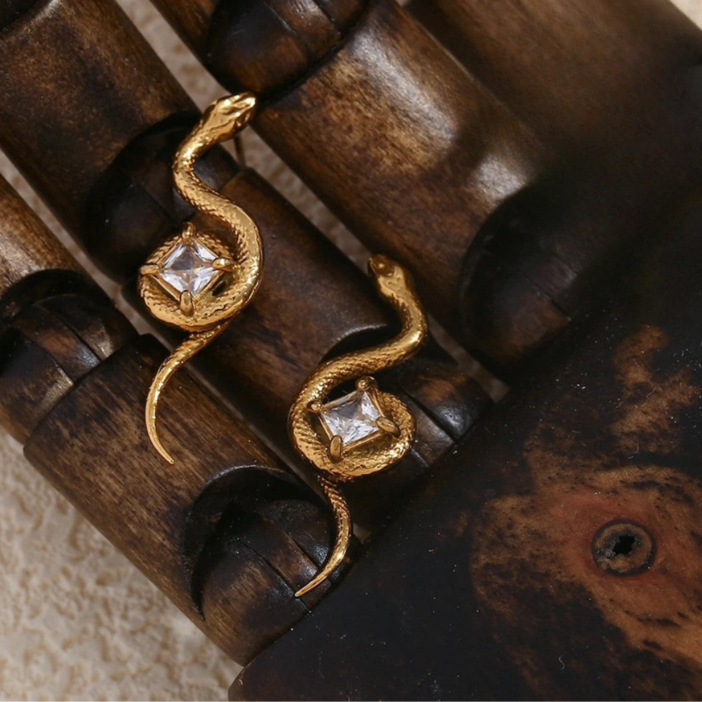 Boucles d'Oreilles Serpent Diamant acier doré
