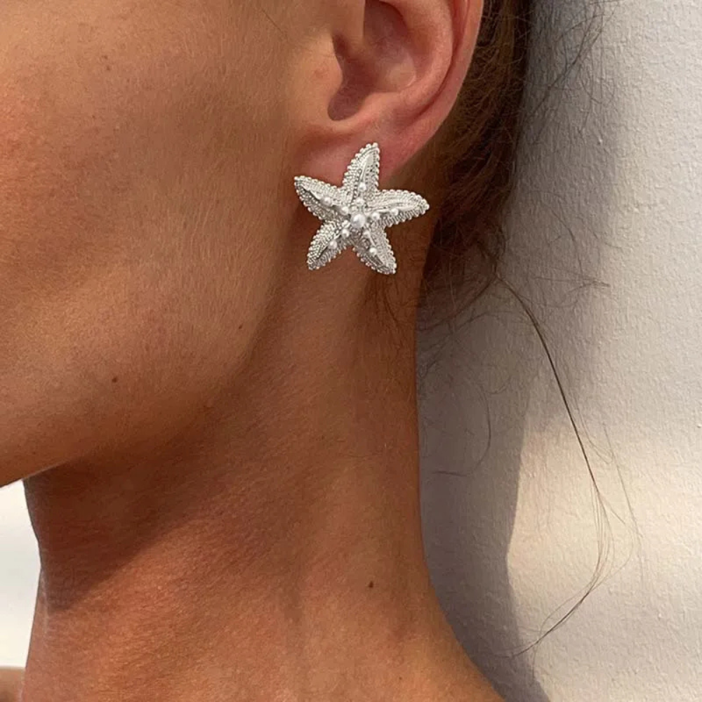 Boucles d'Oreilles Étoile de Mer Perles argenté