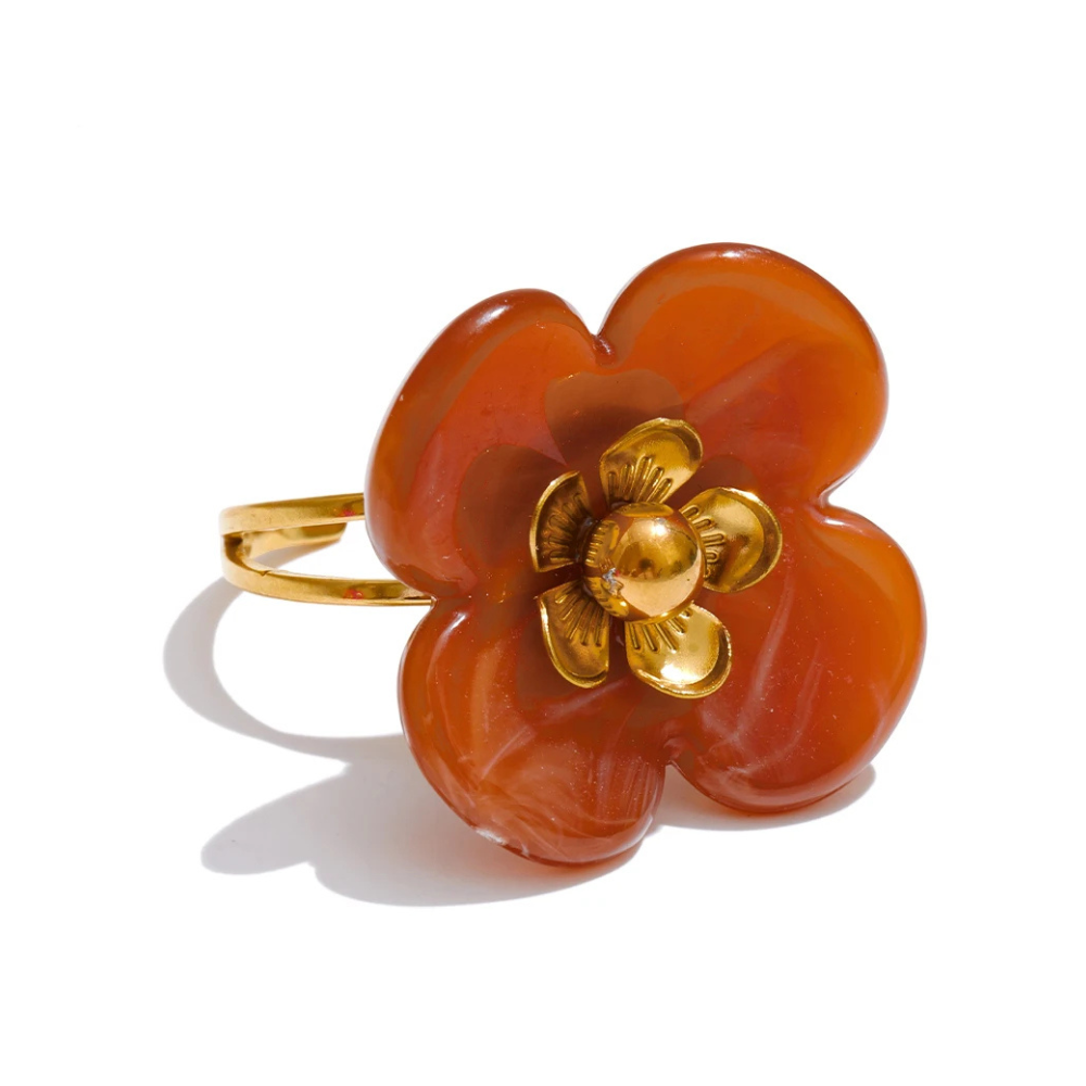 Bague Fleur Résine et Dorée marron