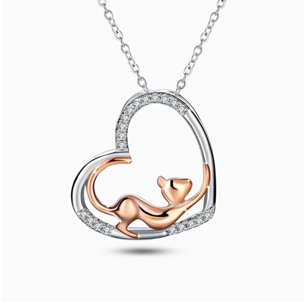 Collier Coeur et Chat Rose