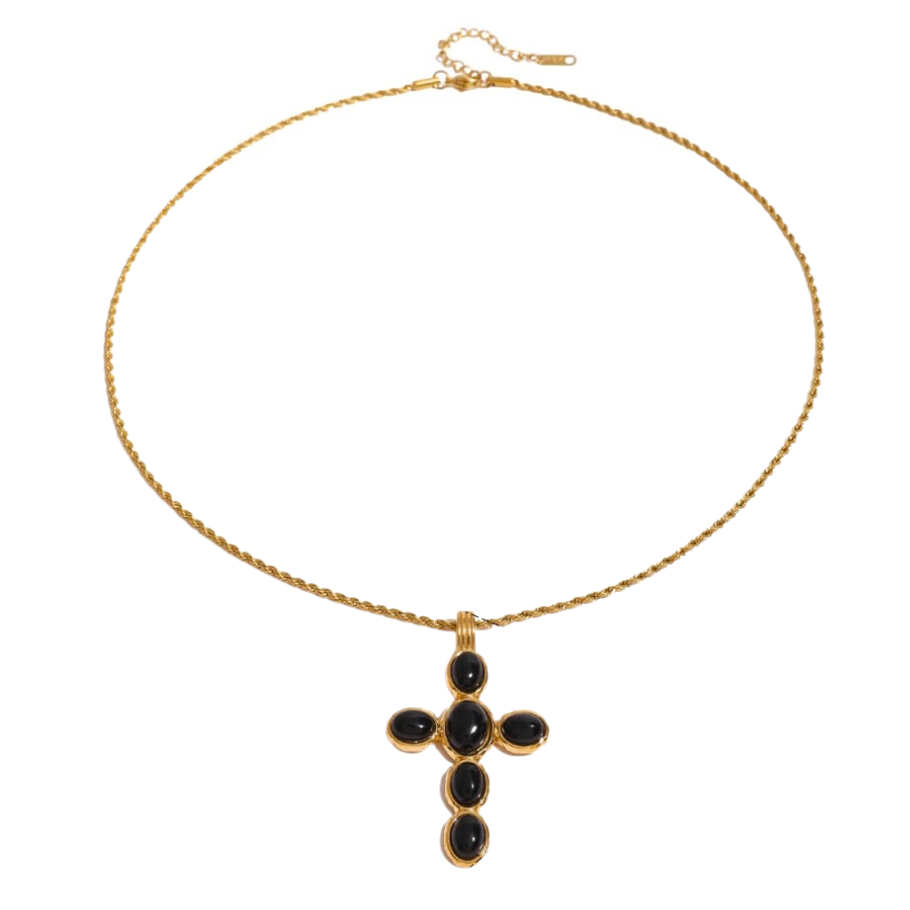 Collier Croix Perles Noires
