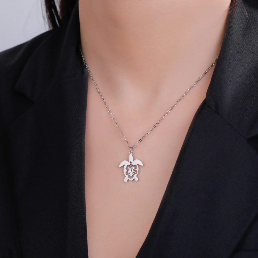 Collier Tortue Floral acier