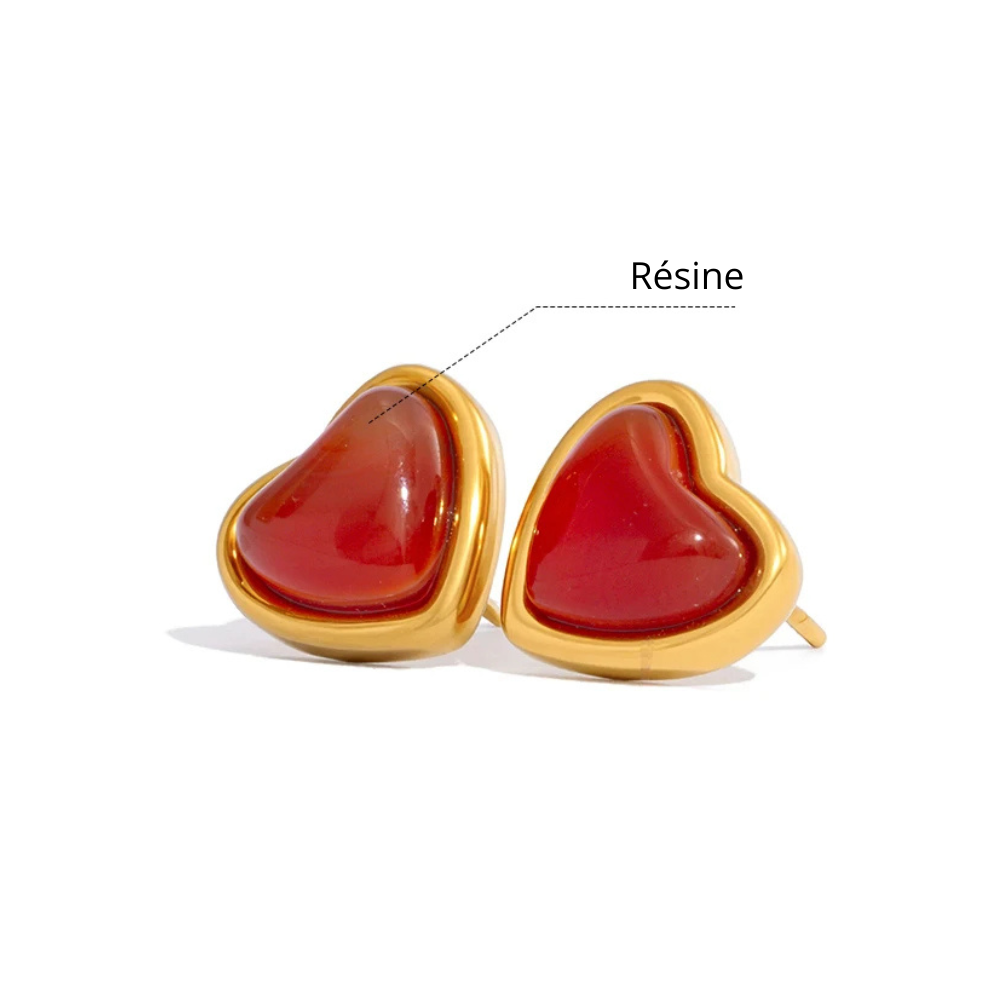 Boucles d'Oreilles Coeur Résine Rouge