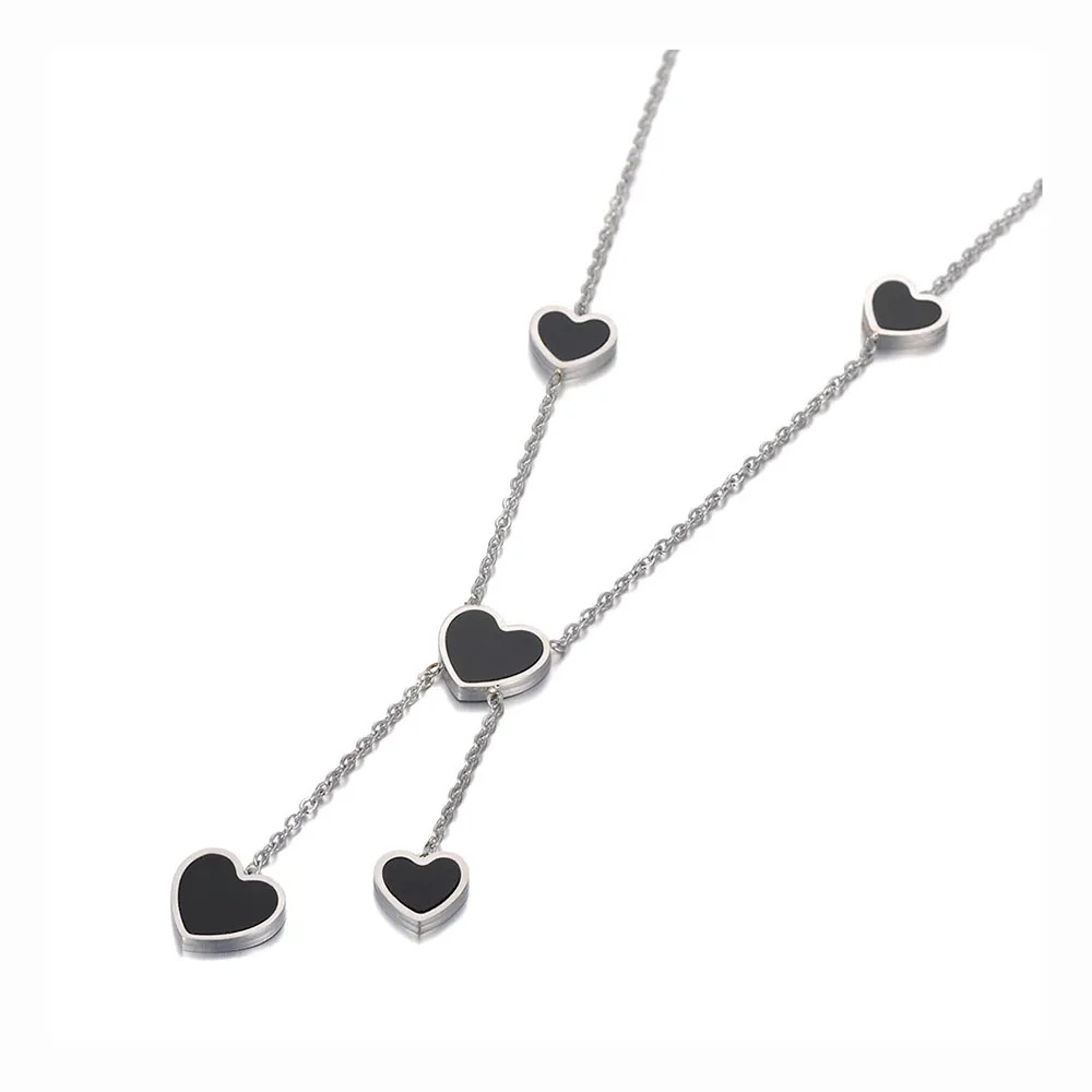 Collier Cœurs noir et rose argent
