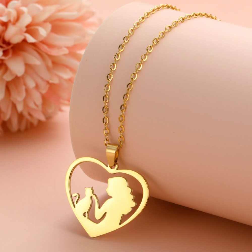 Collier Coeur Chat et Femme or pendentif