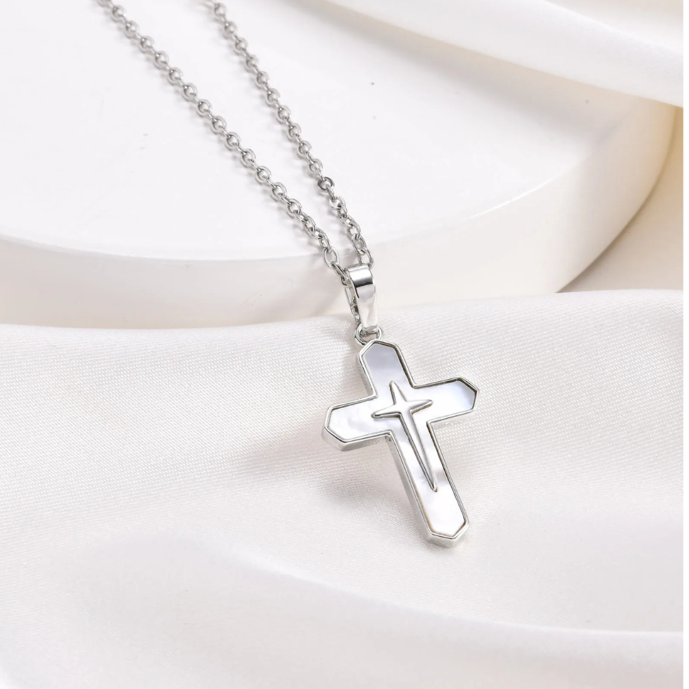 Collier Croix Nacre Femme argenté
