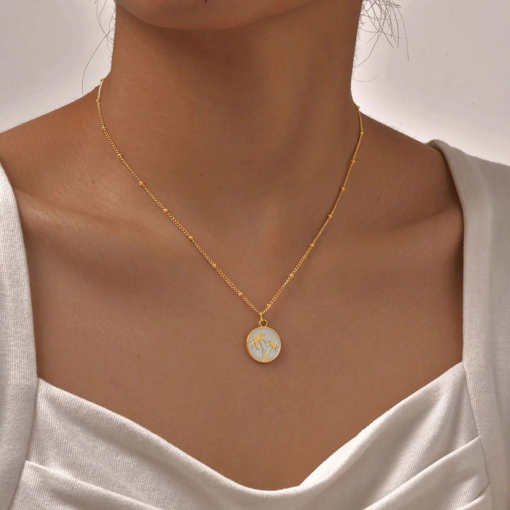 Collier Palmier Nacre Blanc or