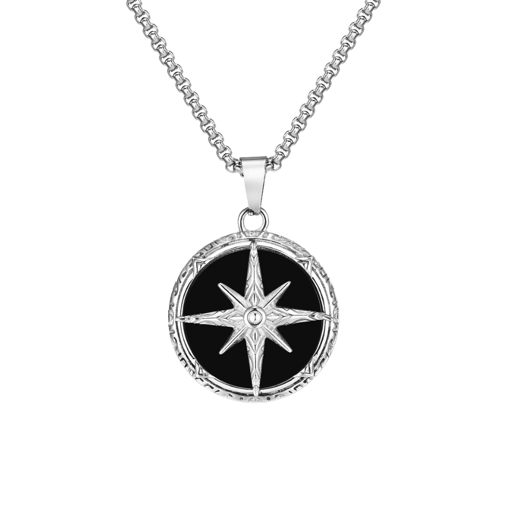 Collier Boussole Argent Homme noir