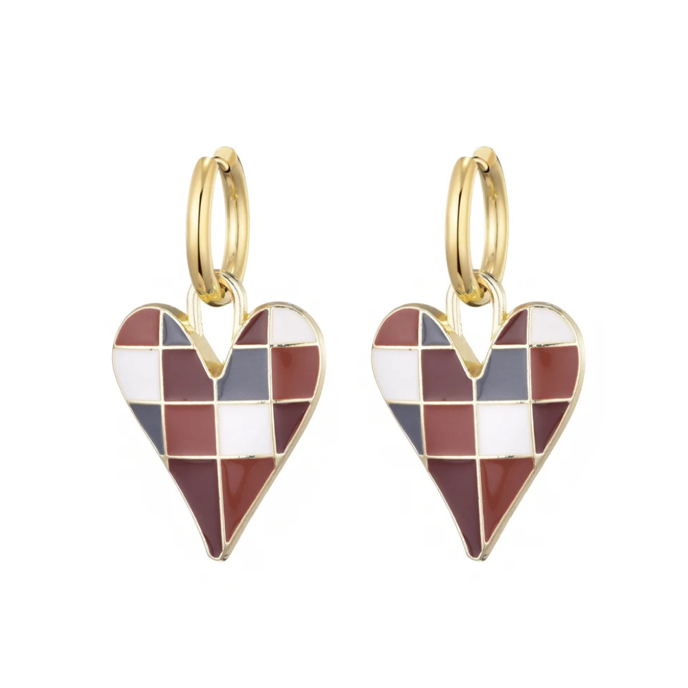 Boucles d'Oreilles Coeur Carreaux marron