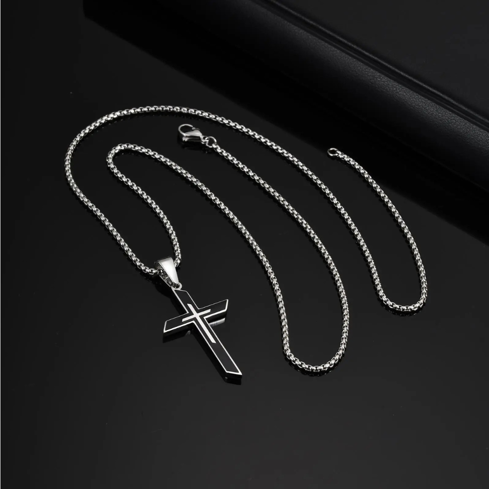 Collier Croix Argent et Noire Homme acier inox