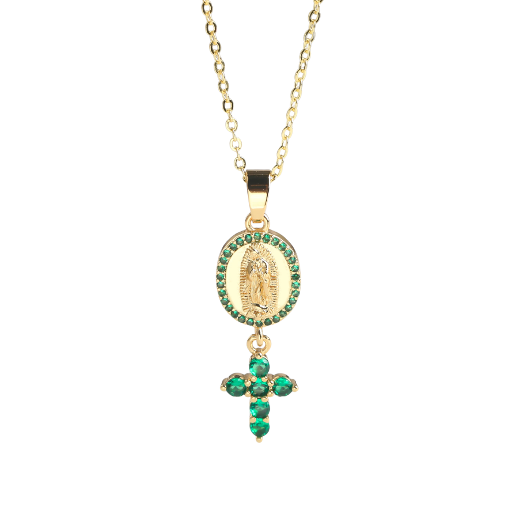 Collier Médaille Vierge et Croix Verte