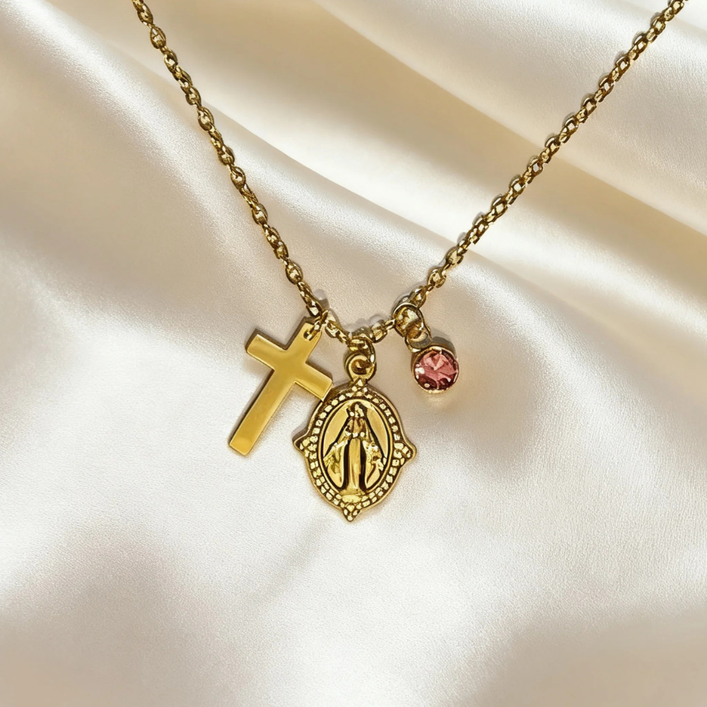 Collier Croix et Vierge avec Diamant or