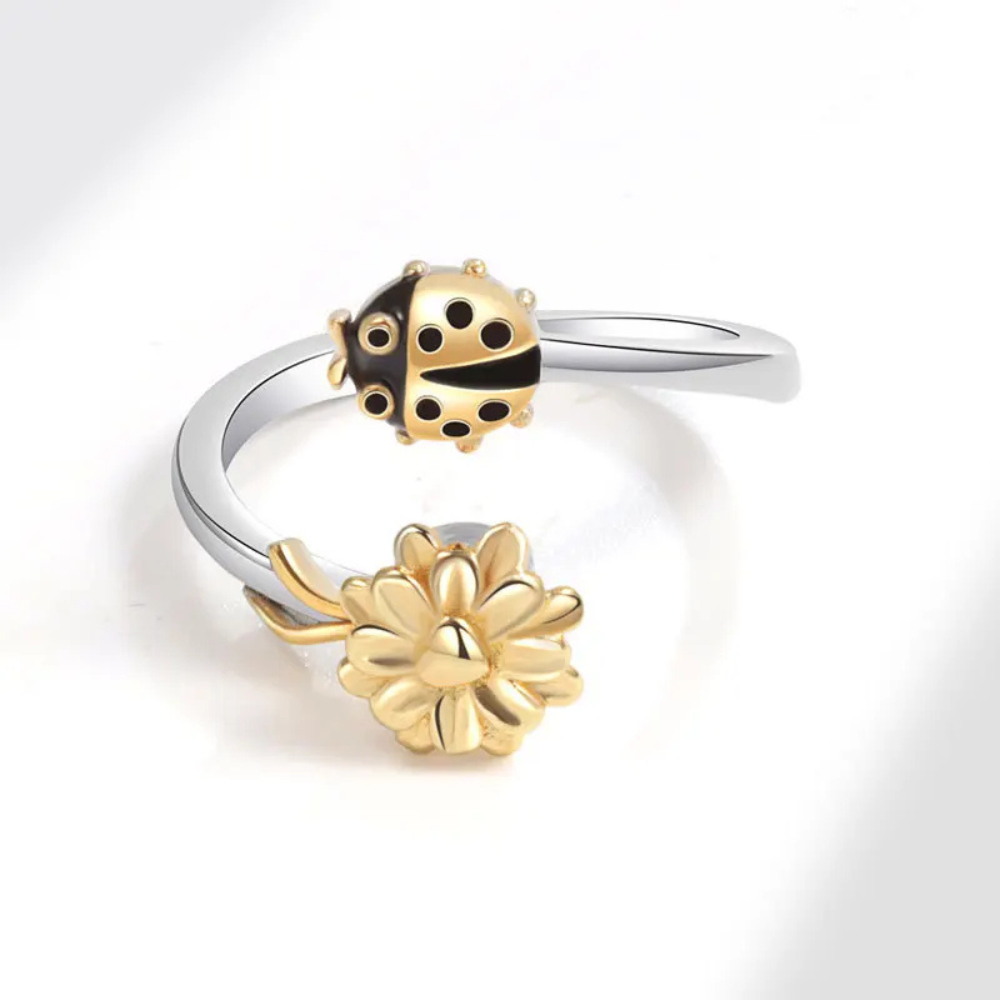 Bague Coccinelle or et Fleur tournante