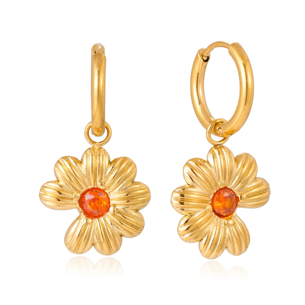 Boucles d'Oreilles Fleur Zircon Orange