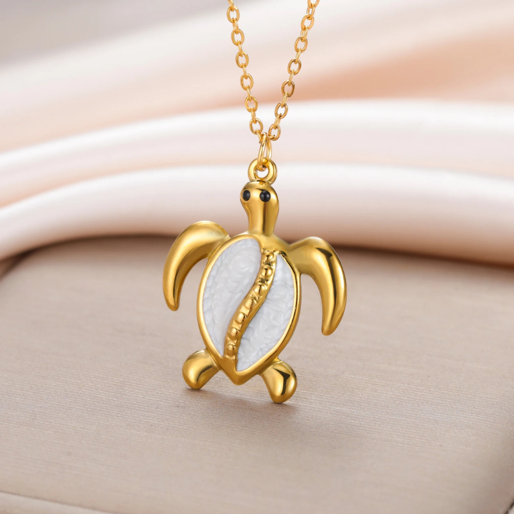Collier Tortue Nacre Blanc acier 