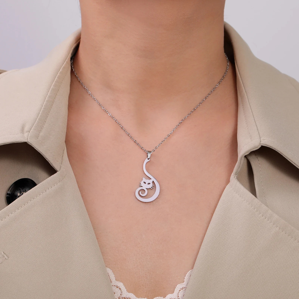Collier Silhouette Chat Femme acier