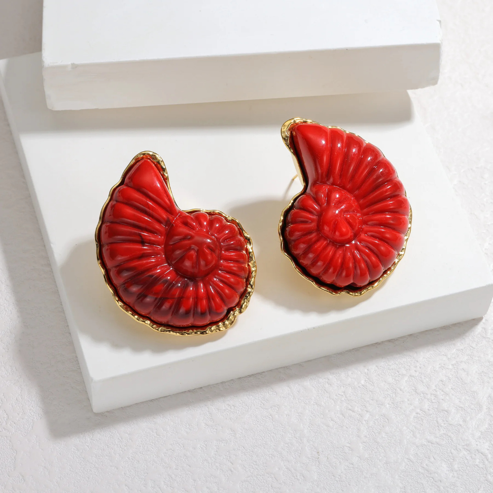 Boucles d'Oreilles Coquillage Ammonite femme rouge