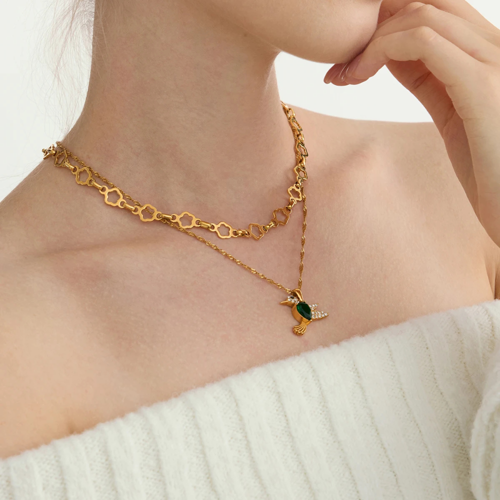 Collier Oiseau et Pierre Verte pendentif
